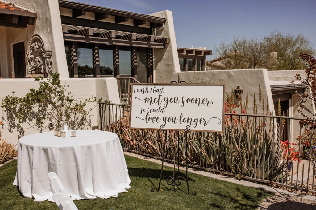 the welcome signs at a backyard wedding in phoenix Arizona.