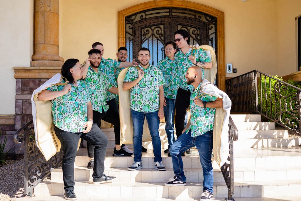 Groom and the groomsmen taking get ready photos on a stair in Mesa AZ